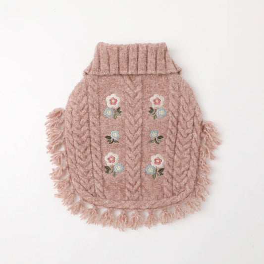 FLOWER EMBROIDERY CABLE KNOT PONCHO