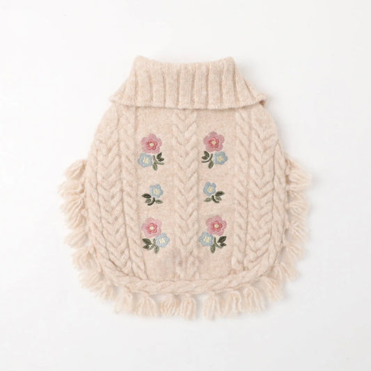 FLOWER EMBROIDERY CABLE KNOT PONCHO