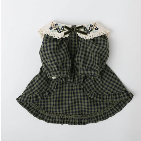 GINGHAM CHECK DRESS WITH FLOWER COLLAR EMBROIDERY