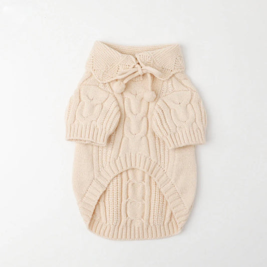 CABLE KNIT TOP WITH POM POM RIBBON COLLOR