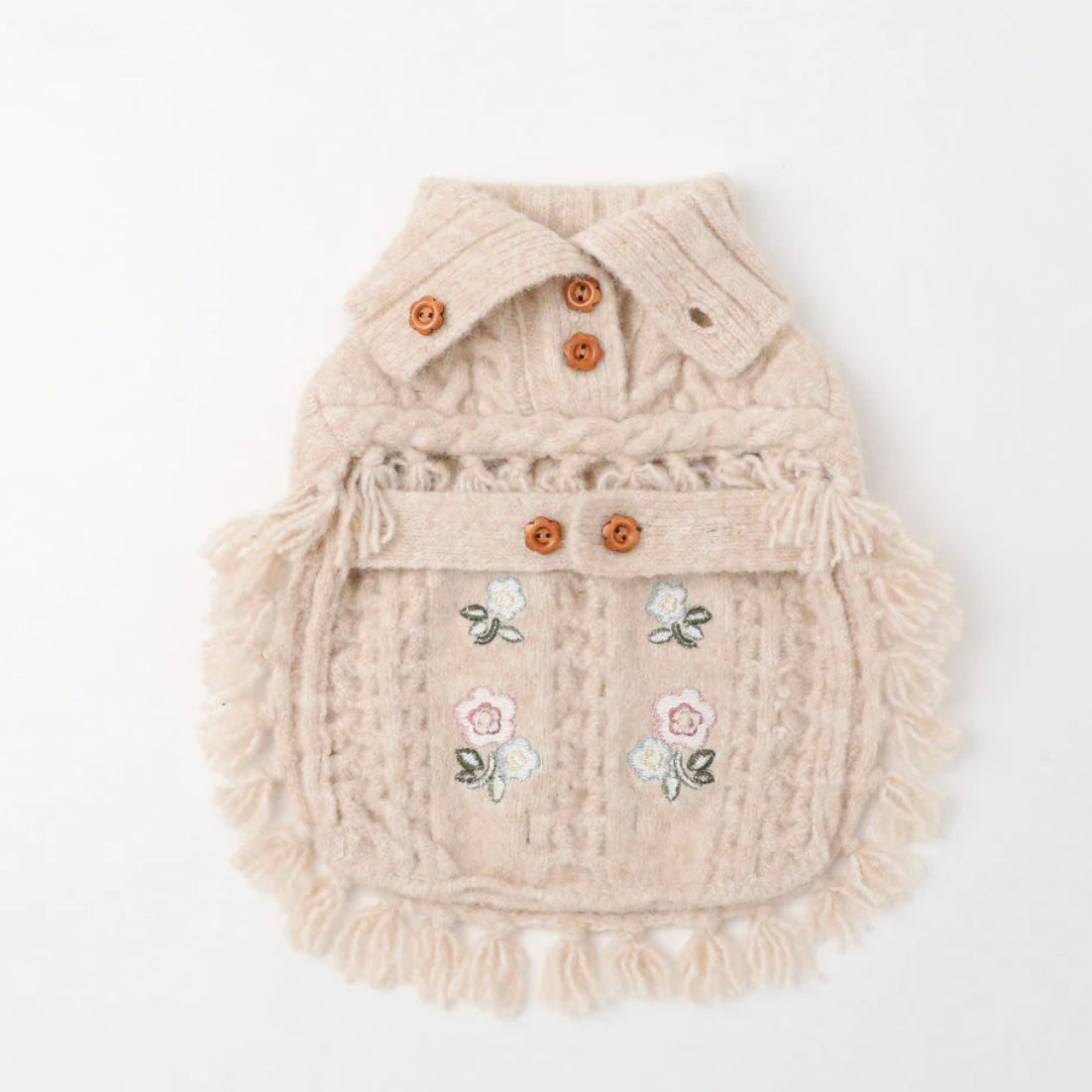 FLOWER EMBROIDERY CABLE KNOT PONCHO