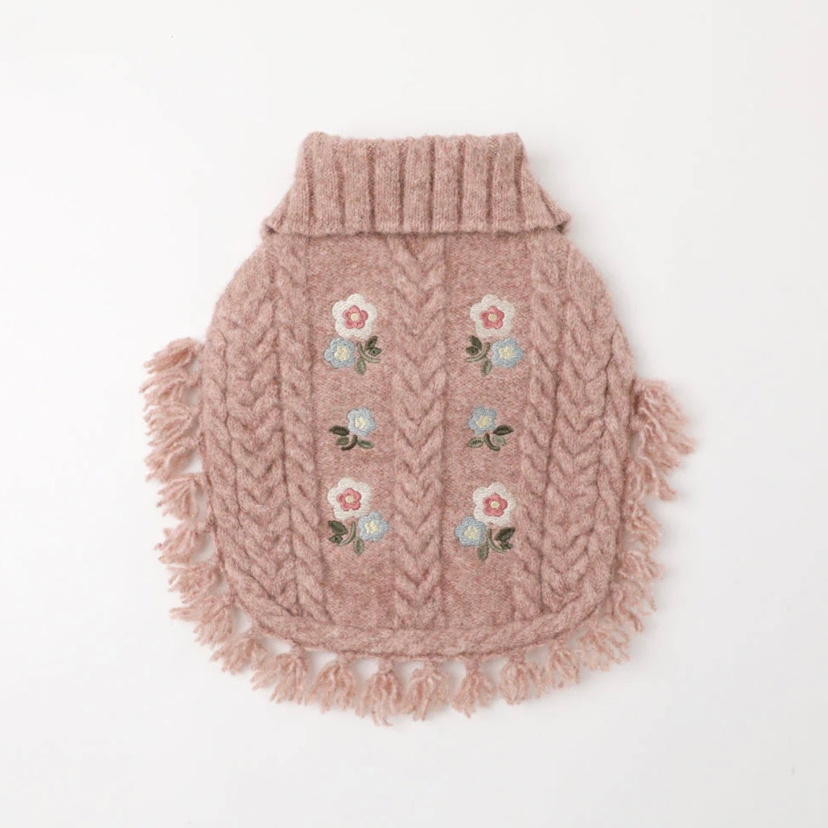 FLOWER EMBROIDERY CABLE KNOT PONCHO