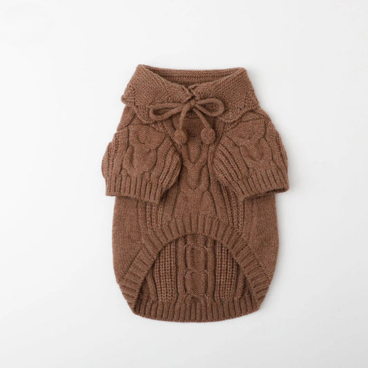 CABLE KNIT TOP WITH POM POM RIBBON COLLOR