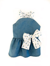 Load image into Gallery viewer, WHITE BOW BLUE FLOWER DENIM DRESS