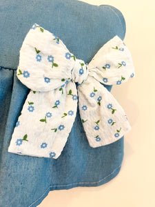 WHITE BOW BLUE FLOWER DENIM DRESS