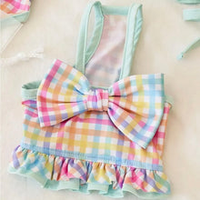 Load image into Gallery viewer, RAINBOW PLAID SWIMMING SUIT WITH BIG BOW AND MATCHING HAT