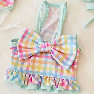 RAINBOW PLAID SWIMMING SUIT WITH BIG BOW AND MATCHING HAT