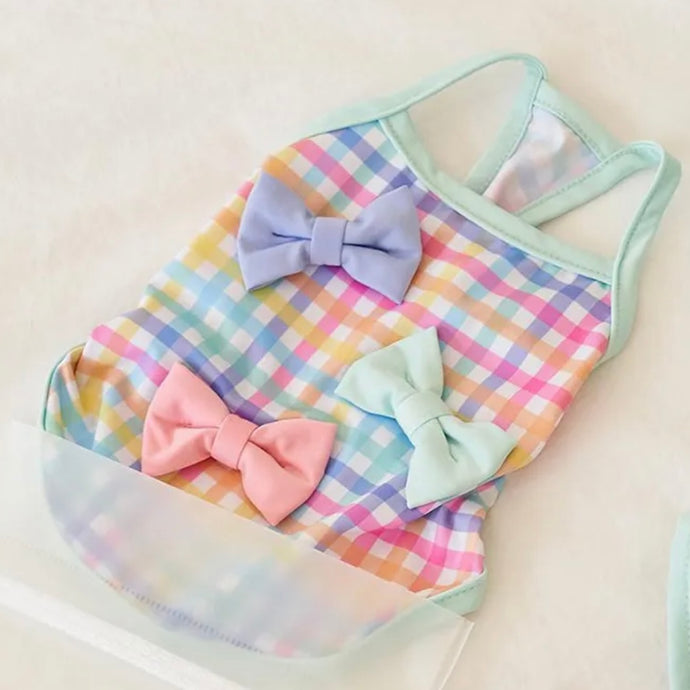 RAINBOW PLAID SWIMMING SUIT WITH BOWS AND MATCHING HAT
