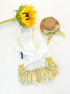 EYELET TANK FORAL RUFFLED YELLOW SKIRT DRESS WITH HAT