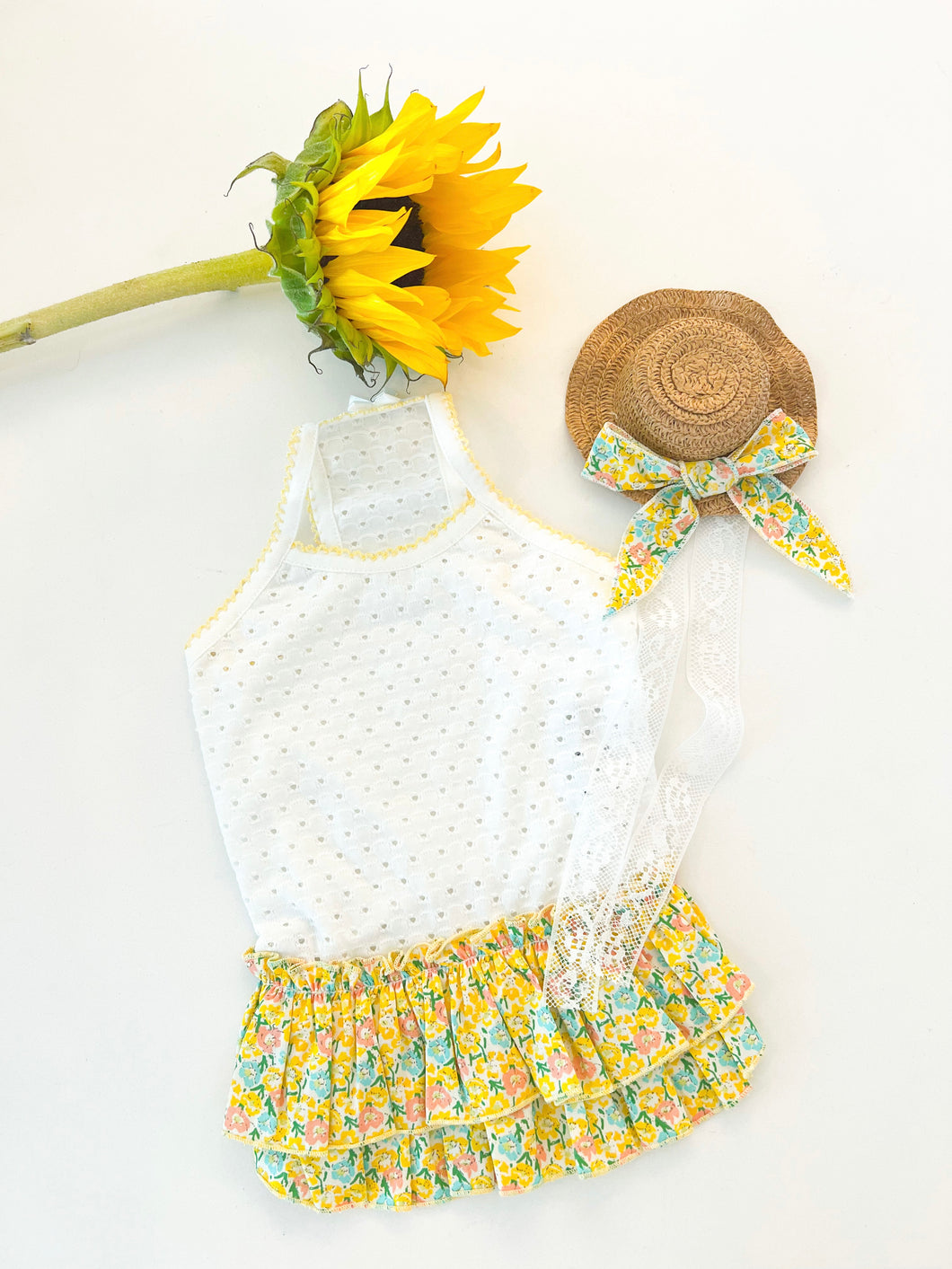 EYELET TANK FORAL RUFFLED YELLOW SKIRT DRESS WITH HAT